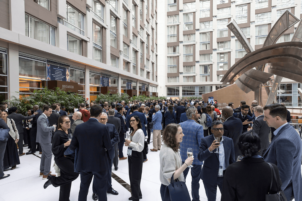 People gathered for a welcome reception
